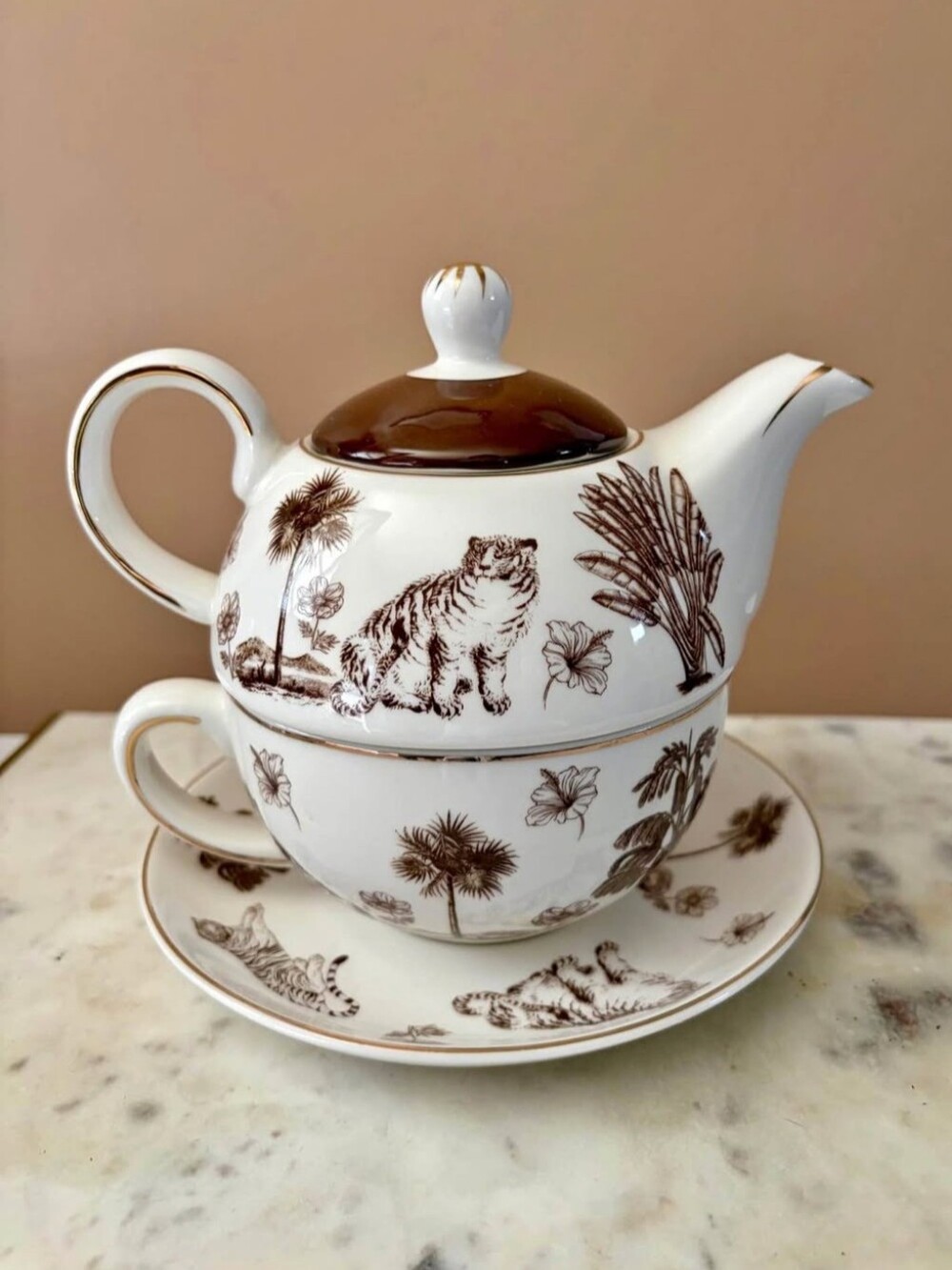 *Brand New* Brown & White Tiger + Palm Tree Tea for One Set By Monterey Bay